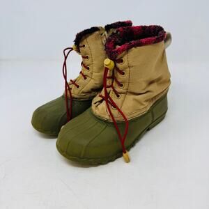 Native Boys Duck Boots Size J1 Tan Green Rubber Waterproof Winter Snow Boots
